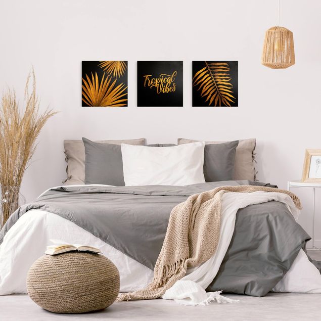 Wanddeko Schlafzimmer Gold - Tropical Vibes auf Schwarz Set I