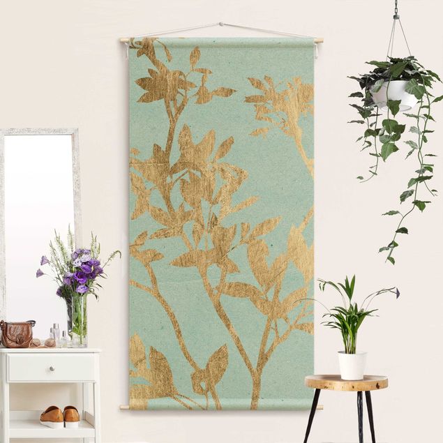 Wanddeko Schlafzimmer Goldene Blätter auf Turquoise II
