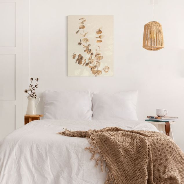 Wanddeko Schlafzimmer Goldene Eukalyptuszweige mit Weiß