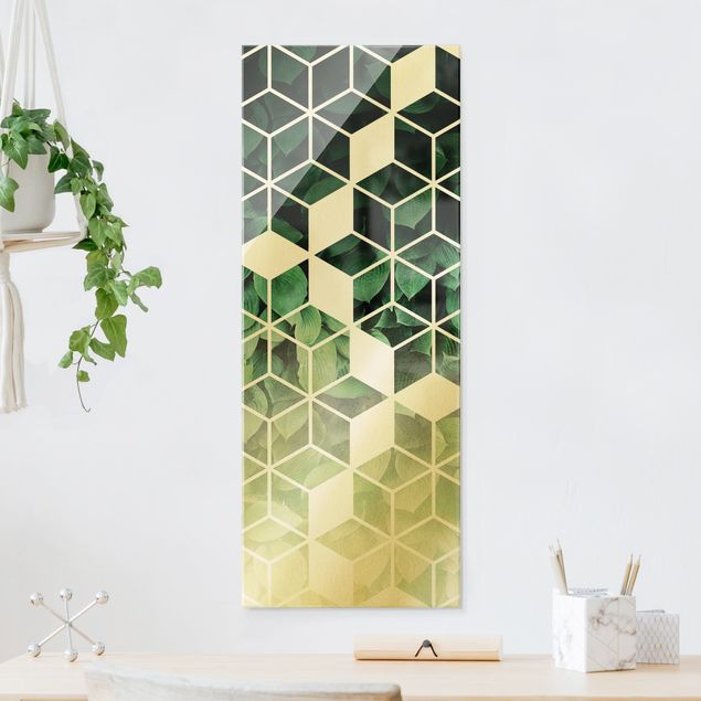 Wanddeko Schlafzimmer Goldene Geometrie - Grüne Blätter