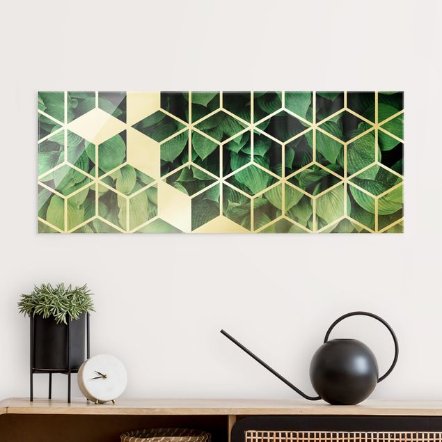 Wanddeko Schlafzimmer Goldene Geometrie - Grüne Blätter