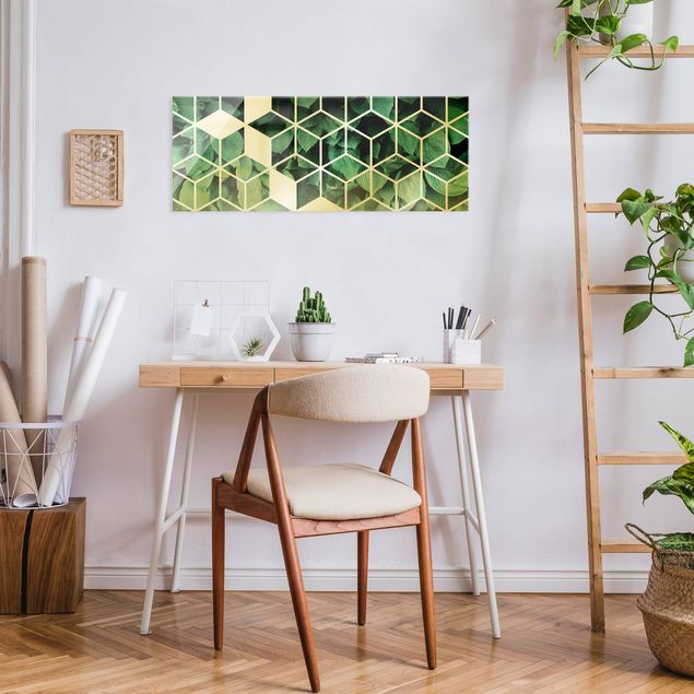 Wanddeko Büro Goldene Geometrie - Grüne Blätter