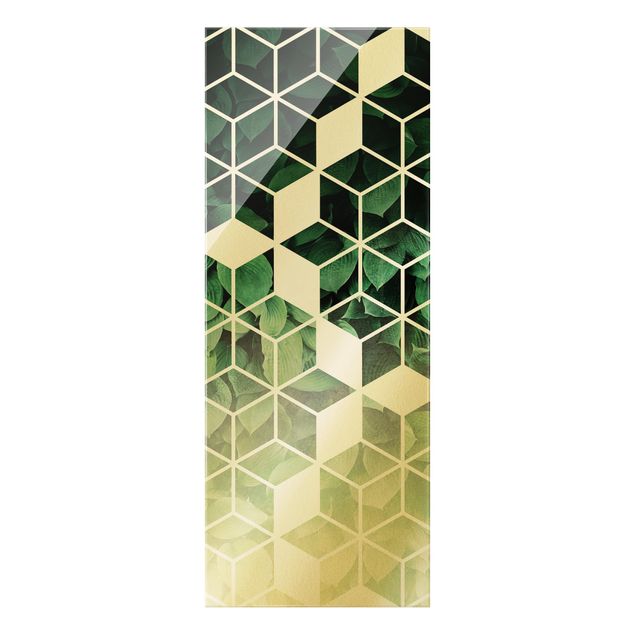Wanddeko über Sofa Goldene Geometrie - Grüne Blätter