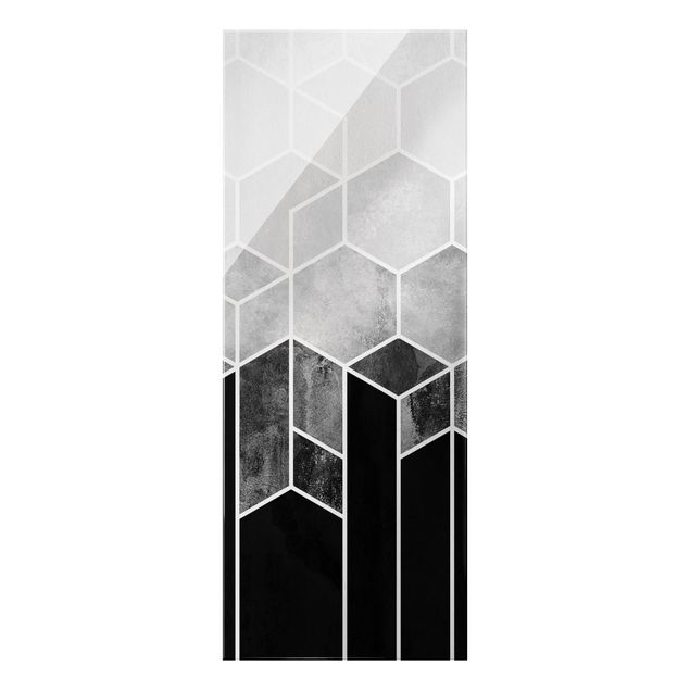 Wanddeko Treppenhaus Goldene Geometrie - Sechsecke Schwarz Weiß