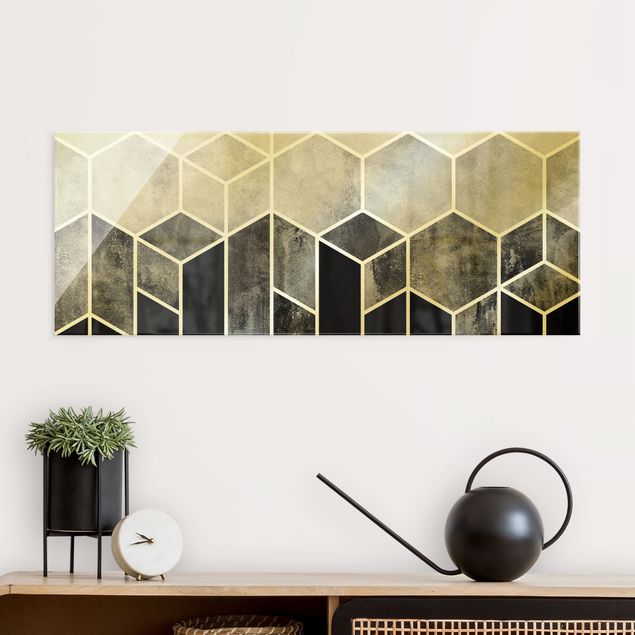 Wanddeko Schlafzimmer Goldene Geometrie - Sechsecke Schwarz Weiß