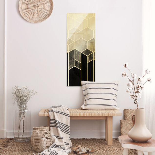Wanddeko Esszimmer Goldene Geometrie - Sechsecke Schwarz Weiß