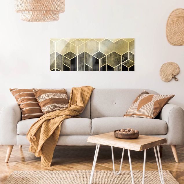 Wanddeko Esszimmer Goldene Geometrie - Sechsecke Schwarz Weiß