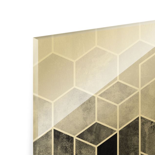 Wanddeko über Sofa Goldene Geometrie - Sechsecke Schwarz Weiß