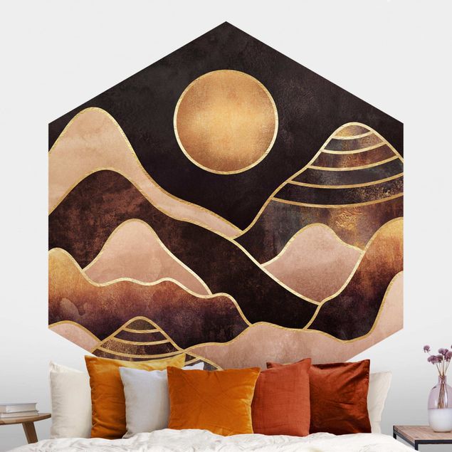 Wanddeko Schlafzimmer Goldene Sonne abstrakte Berge