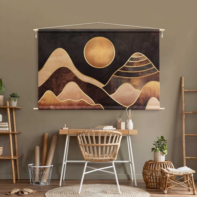 Wanddeko Schlafzimmer Goldene Sonne abstrakte Berge