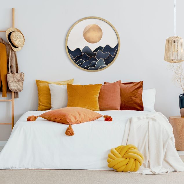 Wanddeko Schlafzimmer Goldene Sonne blaue Wellen