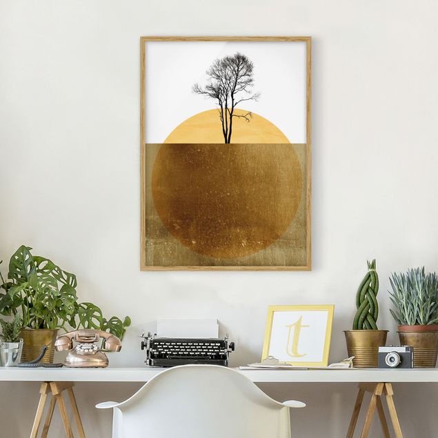 Wanddeko gold Goldene Sonne mit Baum