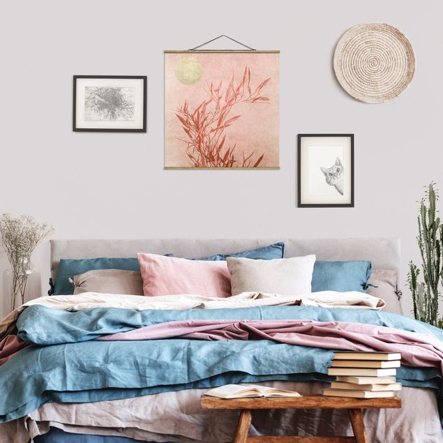 Wanddeko Schlafzimmer Goldene Sonne mit Rosa Bambus