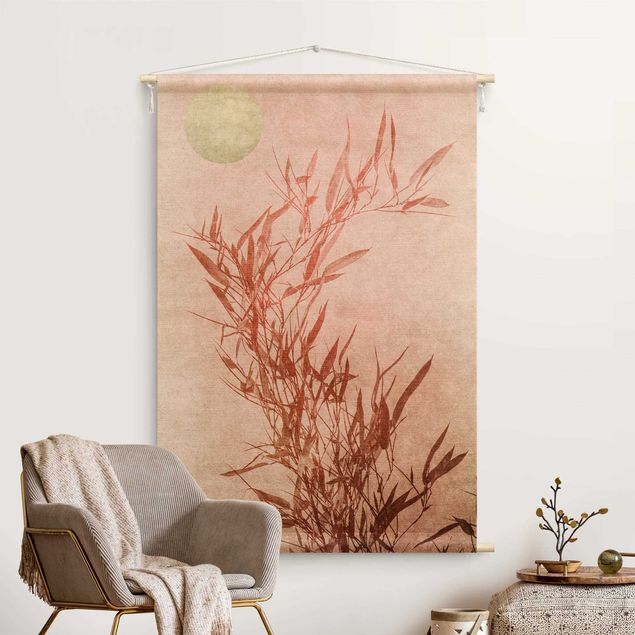 Wanddeko Wohnzimmer Goldene Sonne mit Rosa Bambus