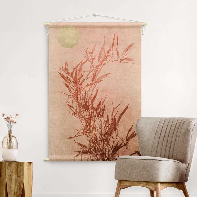 Wanddeko Esszimmer Goldene Sonne mit Rosa Bambus