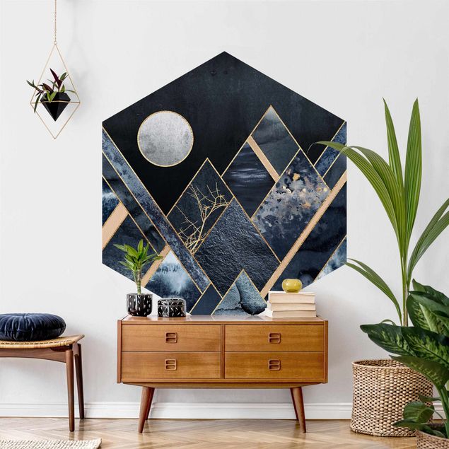 Wanddeko Esszimmer Goldener Mond abstrakte schwarze Berge