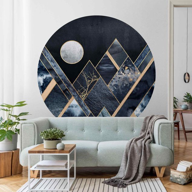 Wanddeko blau Goldener Mond abstrakte schwarze Berge