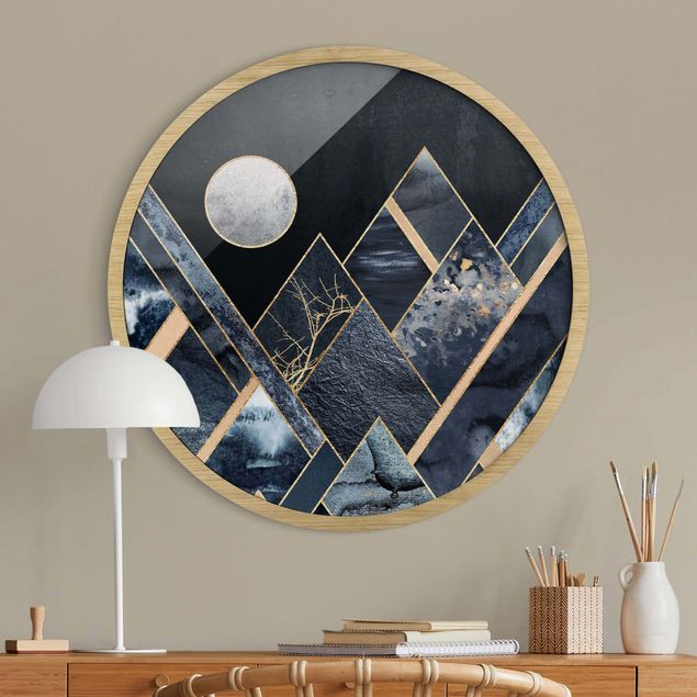 Wanddeko Wohnzimmer Goldener Mond abstrakte schwarze Berge