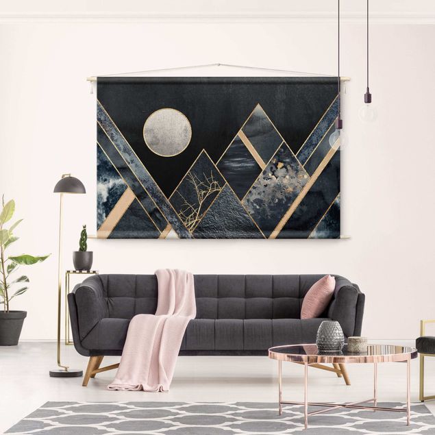 Wanddeko Wohnzimmer Goldener Mond abstrakte schwarze Berge