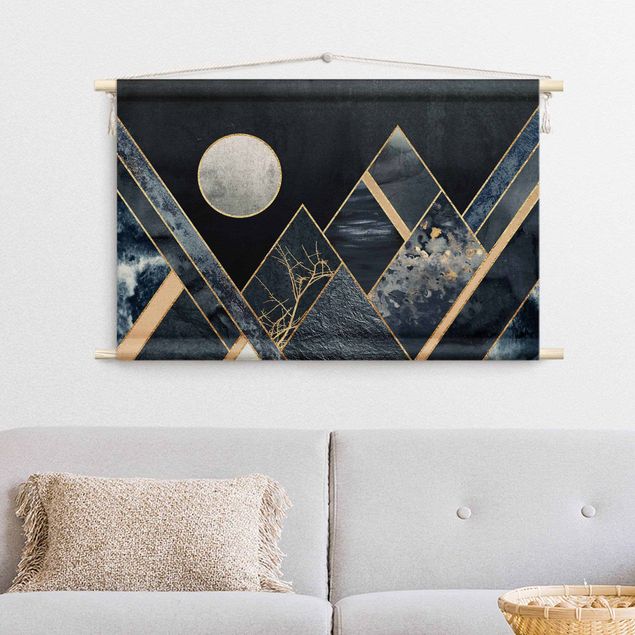 Wanddeko Flur Goldener Mond abstrakte schwarze Berge