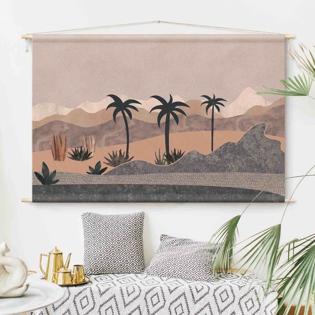 Wanddeko Wohnzimmer Grafische Landschaft mit Palmen