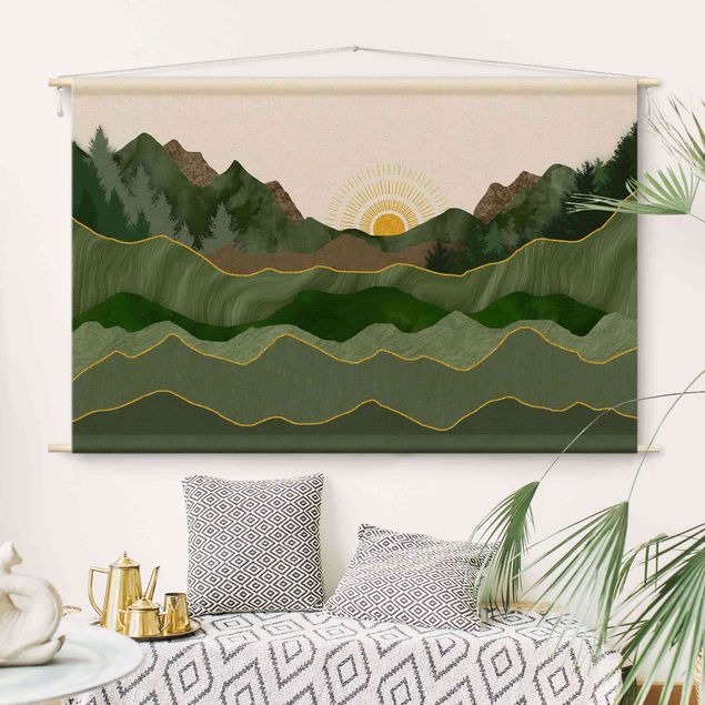 Wanddeko Wohnzimmer Grafische Landschaft mit Sonne