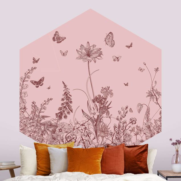 Wanddeko Schlafzimmer Große Blumen mit Schmetterlingen auf Rosa