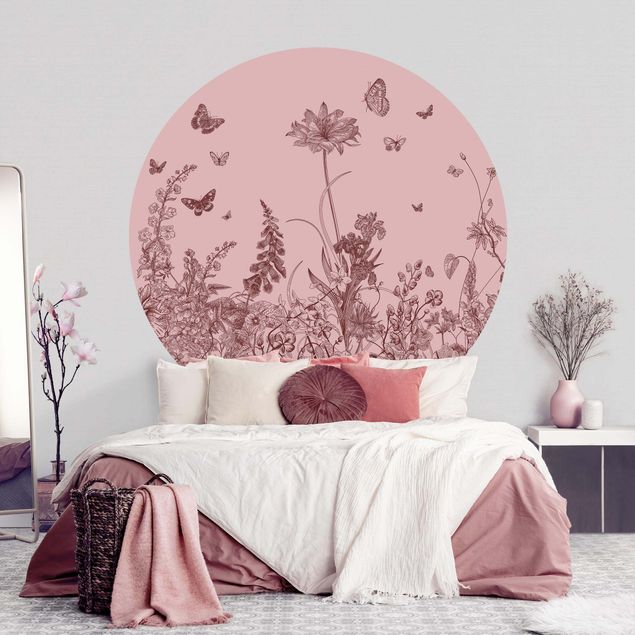 Wanddeko Wohnzimmer Große Blumen mit Schmetterlingen auf Rosa