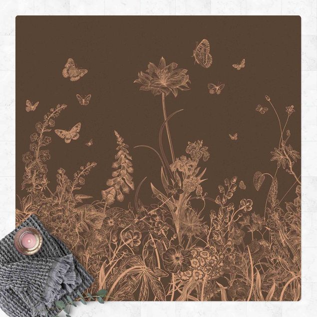 Wanddeko Blume Große Blumen mit Schmetterlingen in Grau