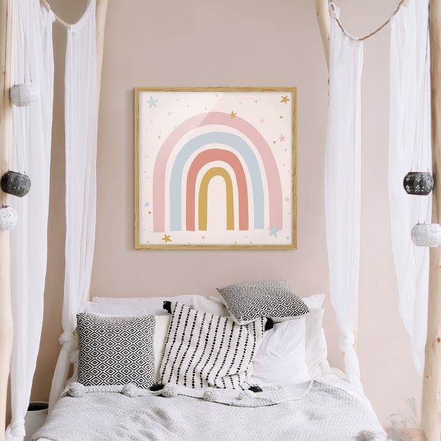 Wanddeko Babyzimmer Großer Regenbogen mit Sternen und Pünktchen
