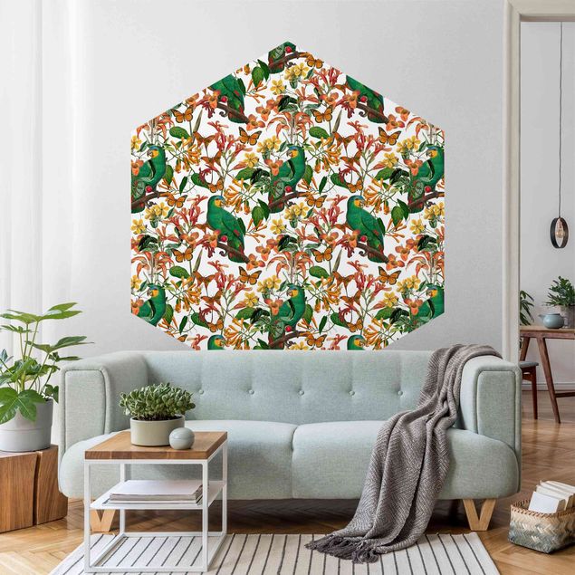 Wanddeko Esszimmer Grüne Papageien mit tropischen Schmetterlingen