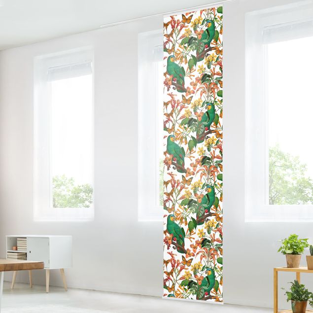 Wanddeko Wohnzimmer Grüne Papageien mit tropischen Schmetterlingen