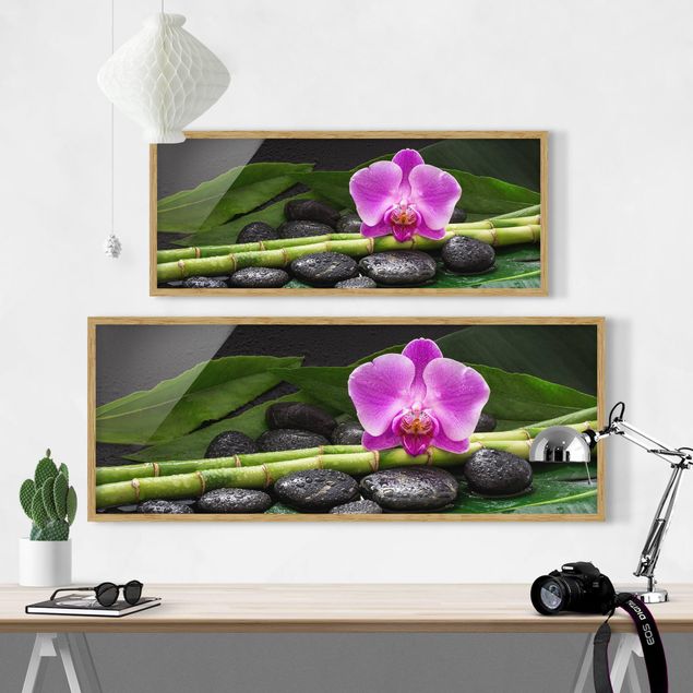 Wanddeko Gäste WC Grüner Bambus mit Orchideenblüte