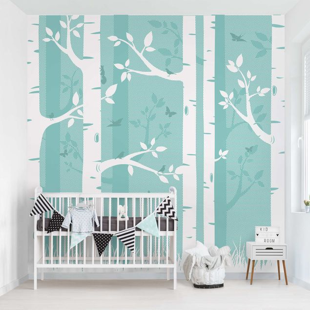 Wanddeko Babyzimmer Grüner Birkenwald mit Schmetterlingen und Vögel