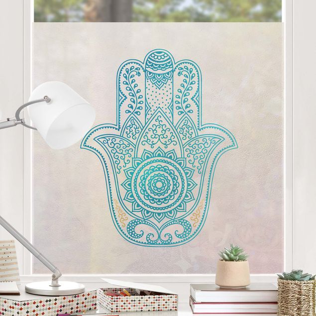Wanddeko Schlafzimmer Hamsa Hand Illustration Mandala gold blau