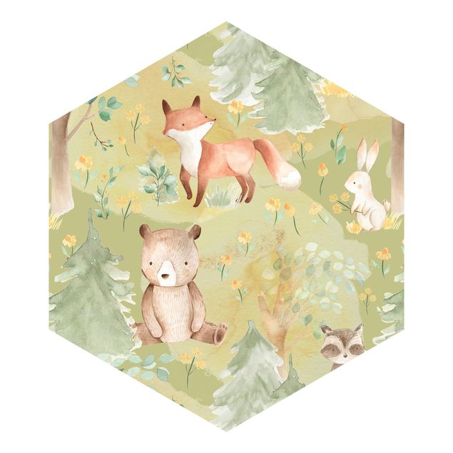 Wanddeko Jungenzimmer Hase und Fuchs auf Grüner Wiese
