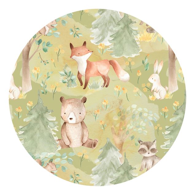 Wanddeko Babyzimmer Hase und Fuchs auf Grüner Wiese