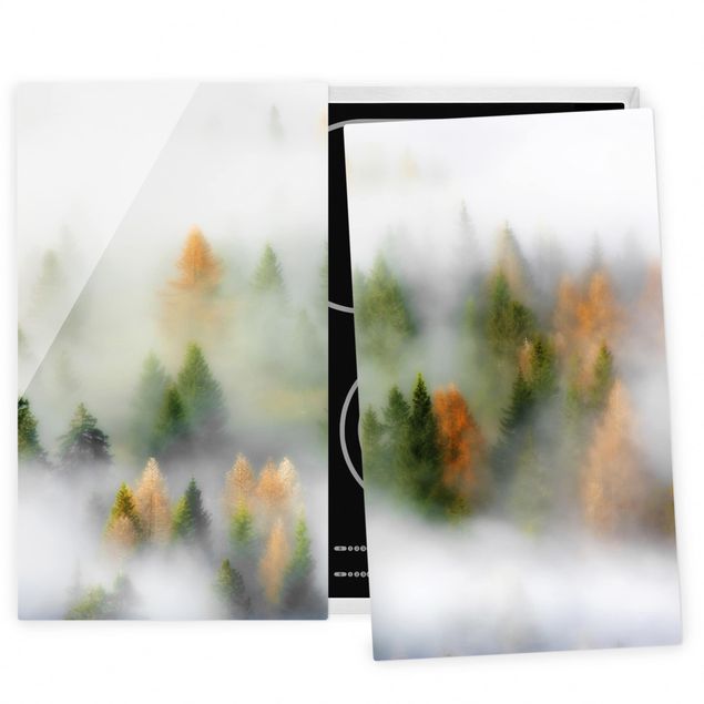 Wanddeko grau Nebelwald im Herbst