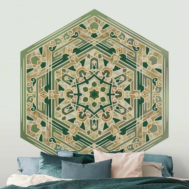 Wanddeko Flur Hexagonales Mandala in Grün mit Gold