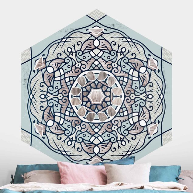 Wanddeko Schlafzimmer Hexagonales Mandala in Hellblau