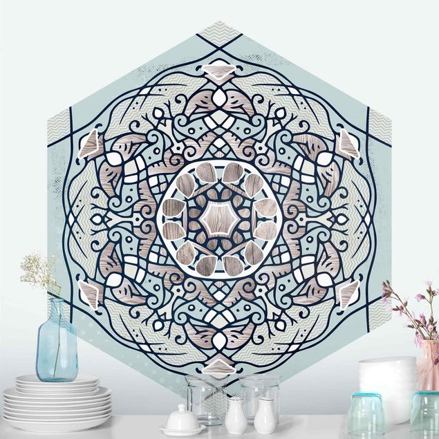 Wanddeko Flur Hexagonales Mandala in Hellblau