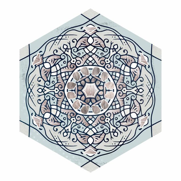 Wanddeko Treppenhaus Hexagonales Mandala in Hellblau