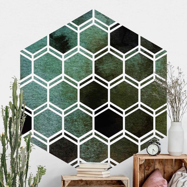 geometrische Tapete Hexagonträume Aquarell in Grün