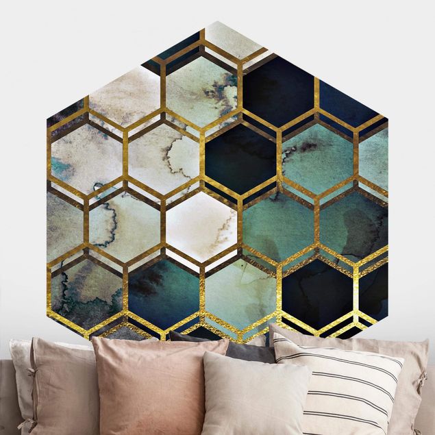 geometrische Tapete Hexagonträume Aquarell mit Gold