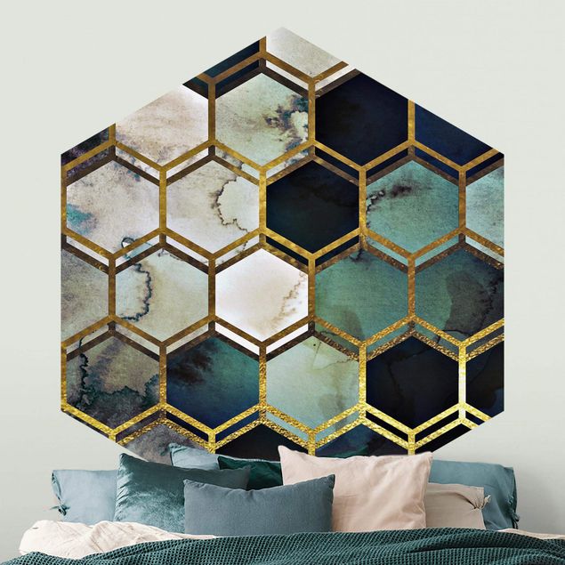 Wanddeko Schlafzimmer Hexagonträume Aquarell mit Gold