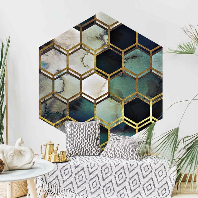 Wanddeko Flur Hexagonträume Aquarell mit Gold