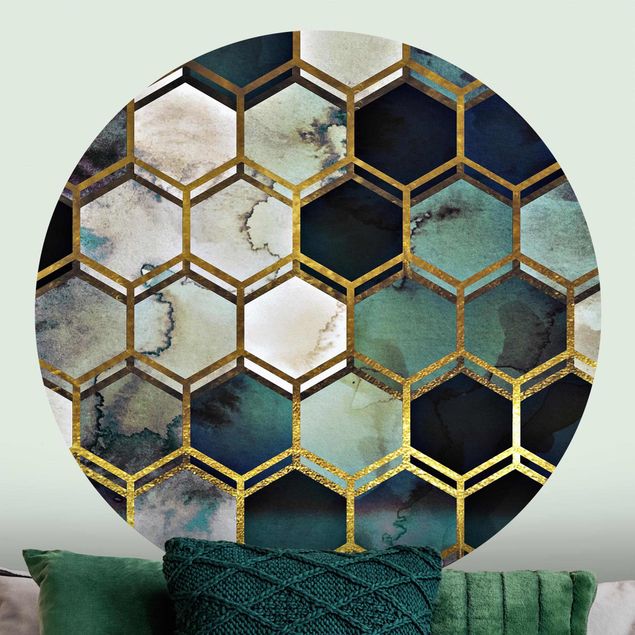 Wanddeko Wohnzimmer Hexagonträume Aquarell mit Gold