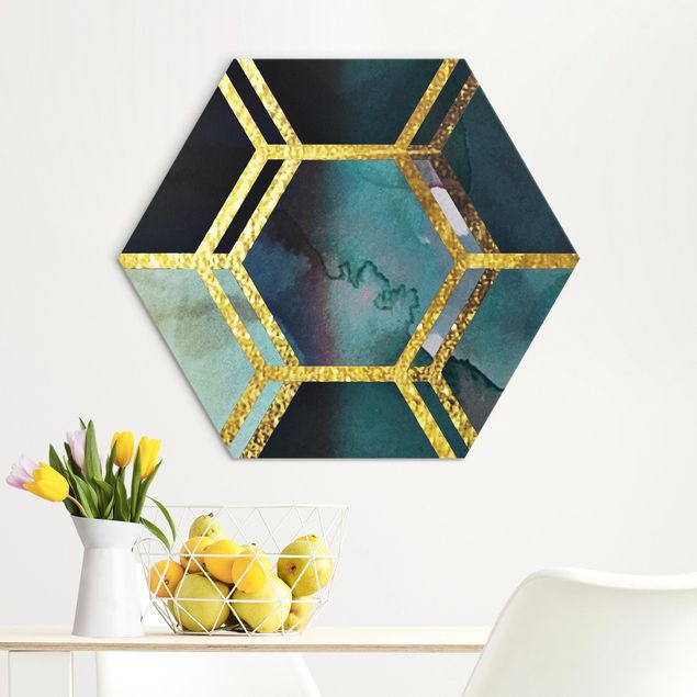 Wanddeko Schlafzimmer Hexagonträume Aquarell mit Gold
