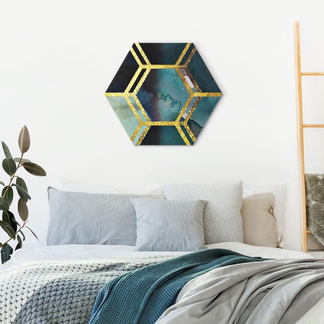 Wanddeko Esszimmer Hexagonträume Aquarell mit Gold