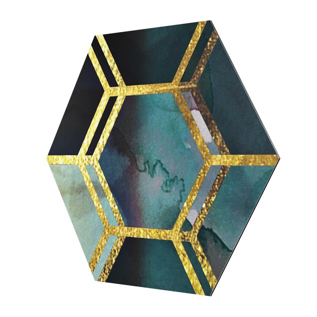 Wanddeko Treppenhaus Hexagonträume Aquarell mit Gold